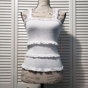 Crave Fame Smocked Tank Top Juniors/Women's Size Small White Stretch Ruffles